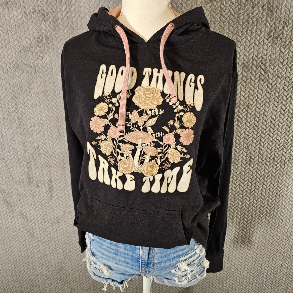 Inspired Culture‎ Good Things Take Time Mushroom Floral Hoodie Black Medium